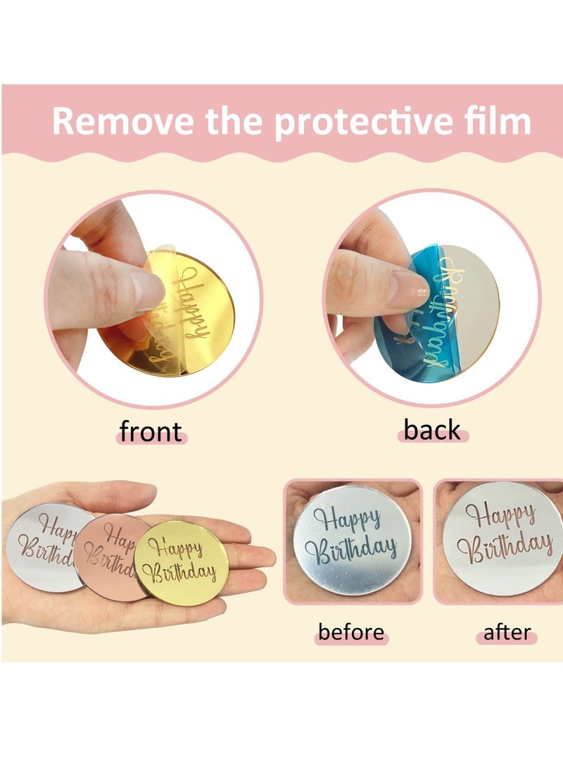 Y&D Cupcake Toppers, 24Pcs Acrylic Happy Birthday Cake Disc Mirror Toppers Round Engraved Topper Charms for Decoration - Image 2