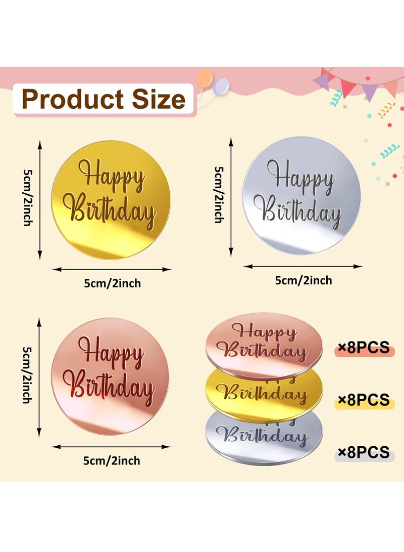 Y&D Cupcake Toppers, 24Pcs Acrylic Happy Birthday Cake Disc Mirror Toppers Round Engraved Topper Charms for Decoration - Image 4