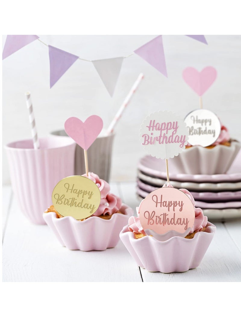 Y&D Cupcake Toppers, 24Pcs Acrylic Happy Birthday Cake Disc Mirror Toppers Round Engraved Topper Charms for Decoration - Image 3