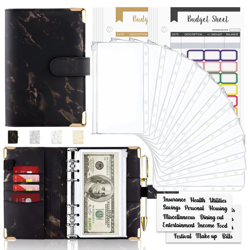 Onlyesh Budget Binder, Cash Envelopes for Budgeting, Money Organizer for Cash, 28Pcs Budget Binder with Cash Envelopes, Marble 6-Ring Money Saving Binder(Black) - Image 1