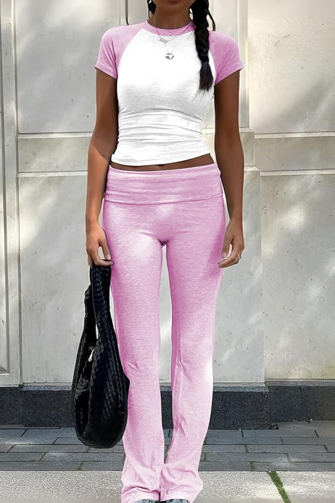 ZFLM Casual Workout Two Piece Outfits for Women Short Sleeve Crop High Waist Foldover Flare Pants Tracksuit Sets Streetwear - Image 3