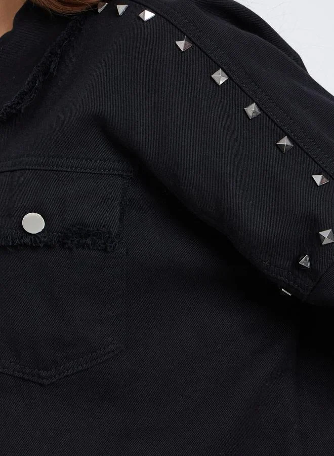 Styli Black Studded Oversized Denim Shirt with Frayed Edge