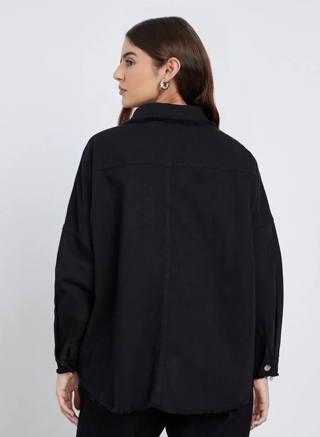 Styli Black Studded Oversized Denim Shirt with Frayed Edge