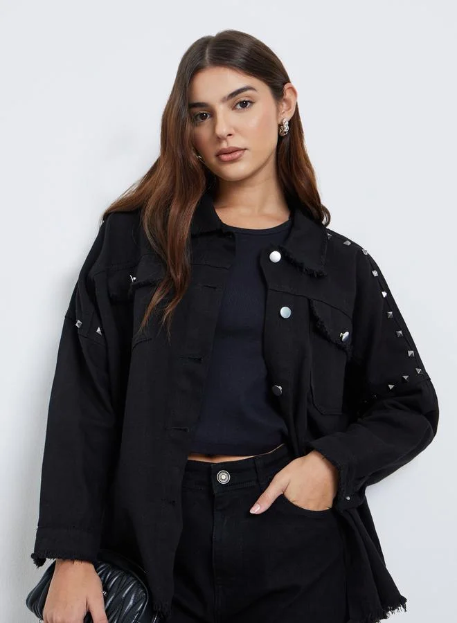 Styli Black Studded Oversized Denim Shirt with Frayed Edge