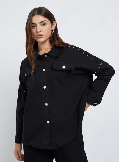 Styli Black Studded Oversized Denim Shirt with Frayed Edge