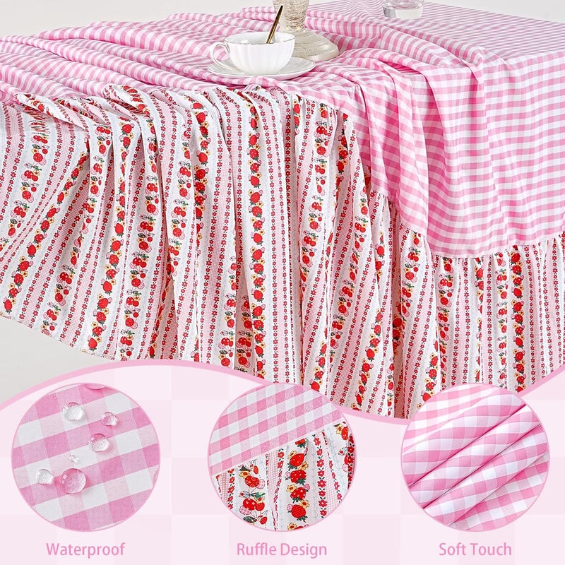 SoarDream Red Berry Checked Easter Tablecloth - Easter Ruffle Gingham Waterproof Table Cloth 80 x 120 Inch Spring Rectangle Table Covers for Holiday Picnic Baby Shower Birthday Wedding Party Decoration - Image 2
