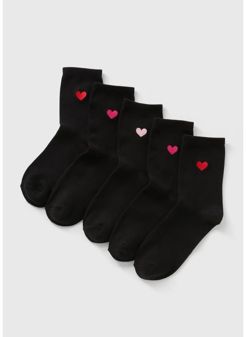 Matalan 5 Pack Black Embroidered Heart Socks