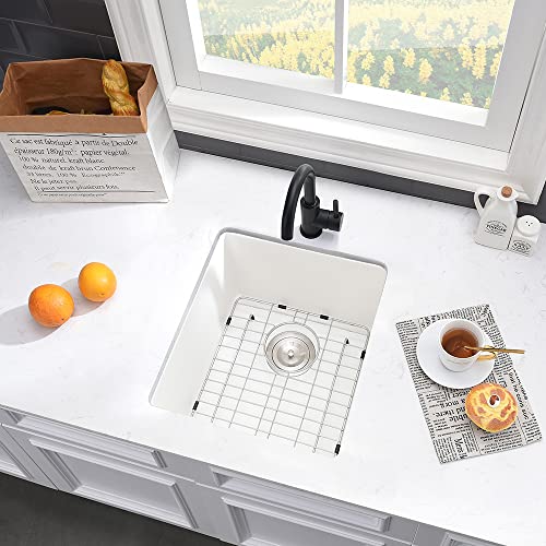 VASOYO White Bar Sink Undermount-VASOYO 15x17 Small Kitchen Sink Undermount Wet Bar Sinks White Quartz Composite Deep Single Bowl Outdoor Rv Sinks with Bottom Grid - Image 3