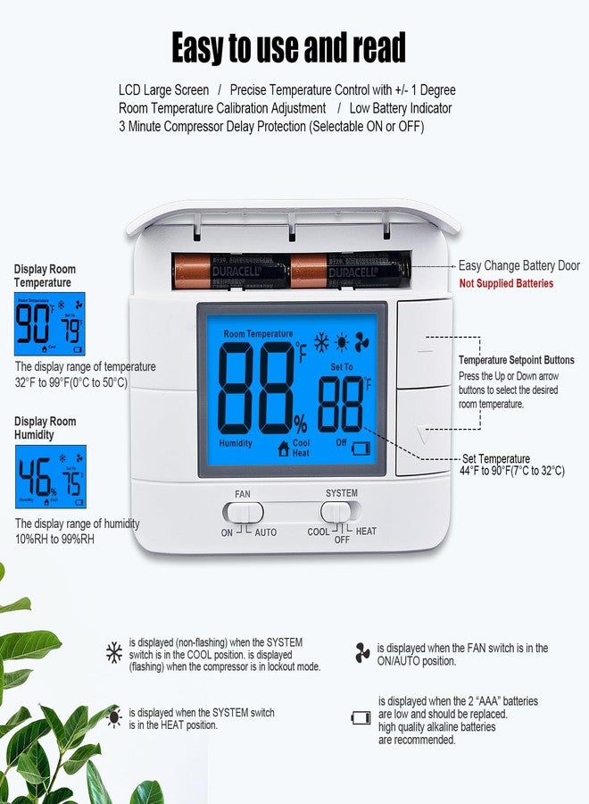 Mroinge Non Programmable Thermostat for Home - Single Stage 1H/1C, with Room Temperature & Humidity Display and Large Blue LCD - Image 4