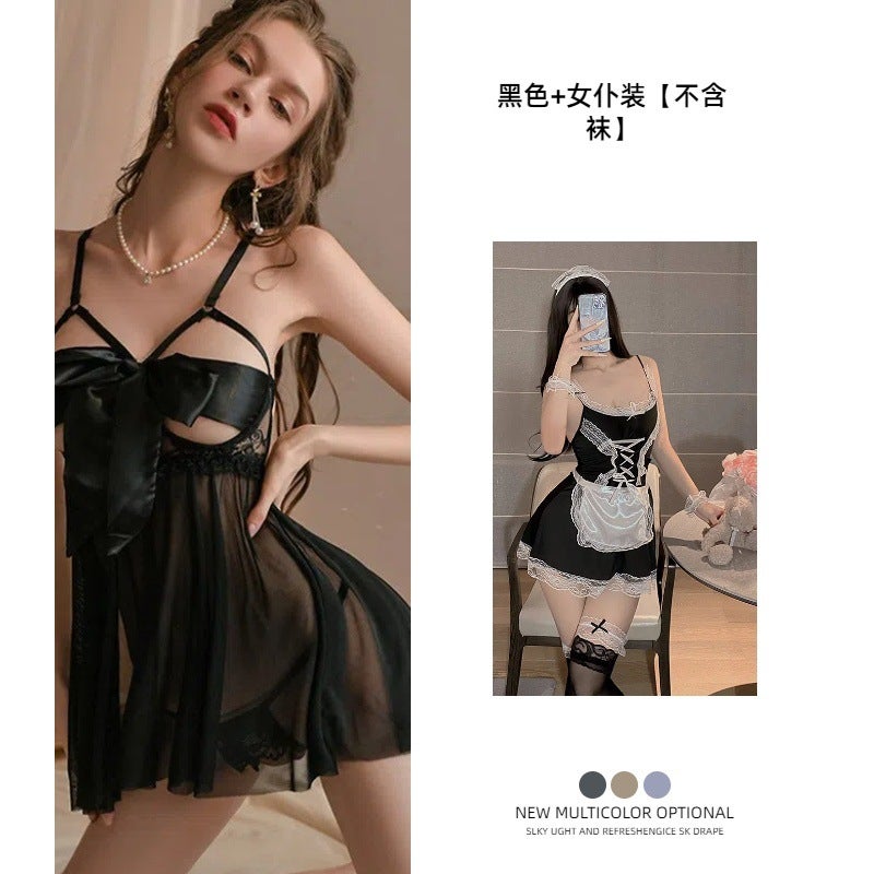 Women's Plus Size Mesh Nightgown Set with Bow Detail and Comfortable Fit