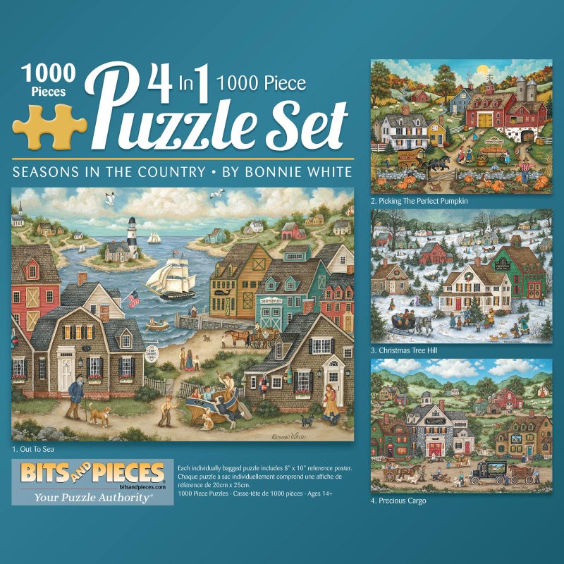 Bits and Pieces â€“ 4-in-1 Jigsaw Puzzle Multi-Pack for Adults â€“ Seasons in The Country Collection by Bonnie White â€“ Unique Random Die-Cut Pieces (Four 1000 Piece Puzzles 20" x 27") - Image 1