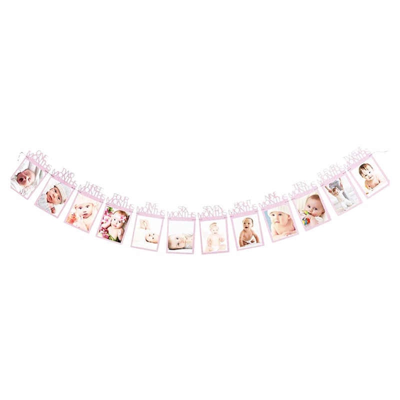 Baby Photo Banner Pink Type 1 Reusable Design - Growth Photo Booth for Baby First Birthday Party Nursery Home Decor - Image 1