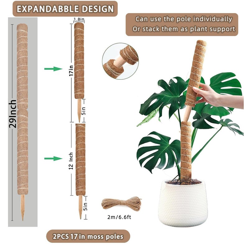 PLANTPOLEX Moss Pole, 2 Pack 17 Inch Monstera Plant Support for Climbing Plants Accessories Indoor, Stackable Moss Poles Plant Support Stakes, Coir Plant Pole Sticks for Potted Plants, Pothos, Philodendron - Image 2