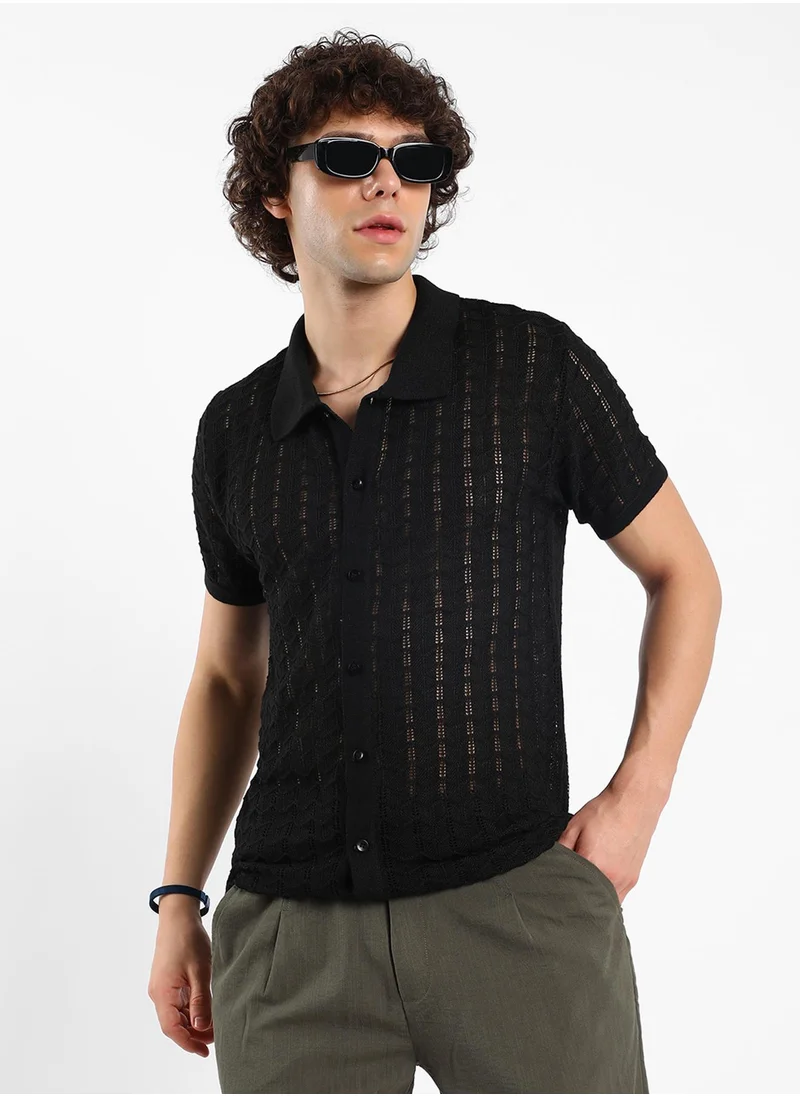 Campus Sutra Men's Onyx Black Spear-Knit Slim-Fit Shirt