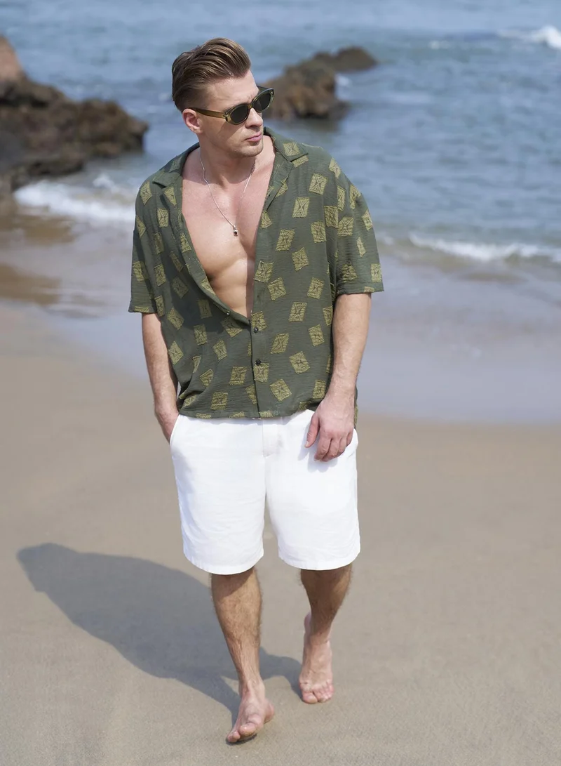 Campus Sutra Campus Sutra Men's Olive Green Indie-Cuban Oversized Shirt For Casual Wear | Cuban Collar | Short Regular Sleeves | Button Closure | Oversized Shirt Crafted With Comfort Fit For Everyday Wear