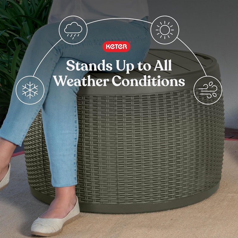 Keter Circa 37 Gallon Resin Deck Box Stool, All-Weather Outdoor Storage Seat with Rattan-Look Finish, Durable Patio Storage Bench for Cushions, Garden Tools, Pool Accessories - Image 3