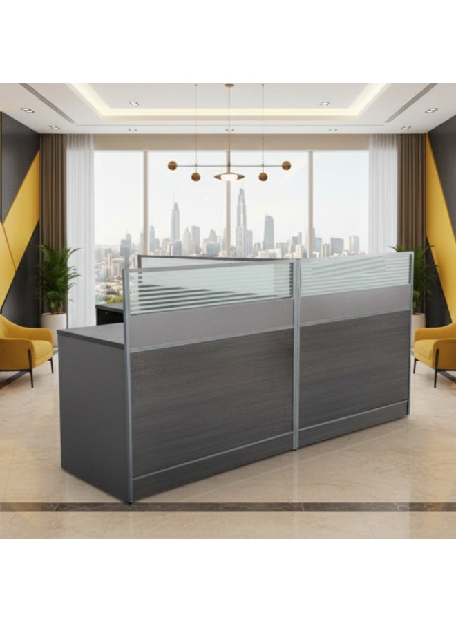 كستم ديكو مكتب استقبال عصري مزدوج بألواح زجاجية مصنفرة | طاولة مكتب أمامي لشخصين بلمسة خشبية رمادية | طاولة استقبال فاخرة للاستخدام في الشركات والصالونات والفنادق | كاستوم ديكو الإمارات العربية المتحدة - Image 1