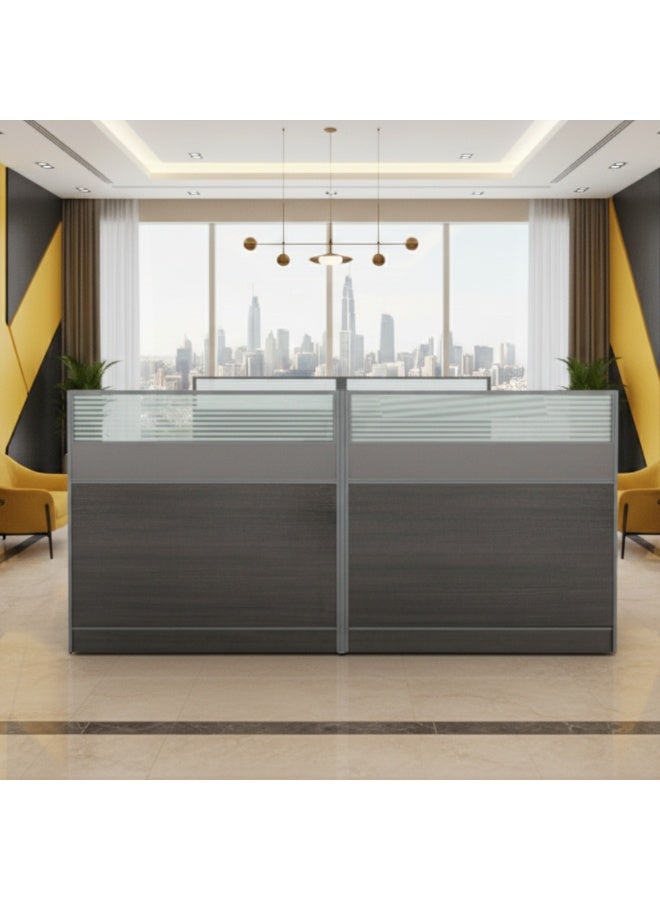 كستم ديكو مكتب استقبال عصري مزدوج بألواح زجاجية مصنفرة | طاولة مكتب أمامي لشخصين بلمسة خشبية رمادية | طاولة استقبال فاخرة للاستخدام في الشركات والصالونات والفنادق | كاستوم ديكو الإمارات العربية المتحدة - Image 2