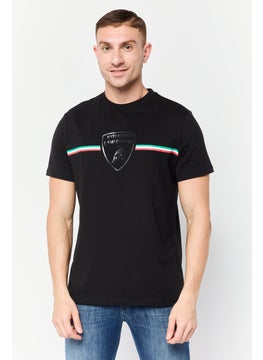 Men Crew Neck Short Sleeves Brand Logo T-Shirt, Black