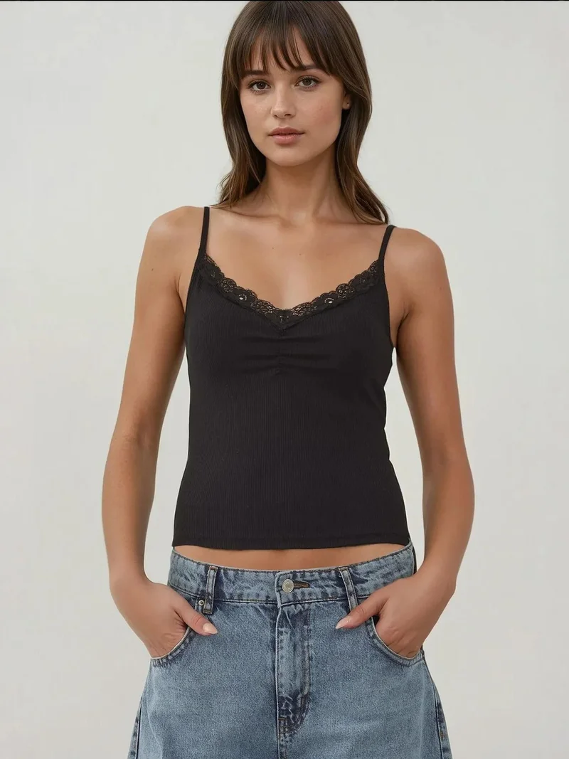HICCUP Thin Knit V-Neck Slim Fit Top with Lace Detail