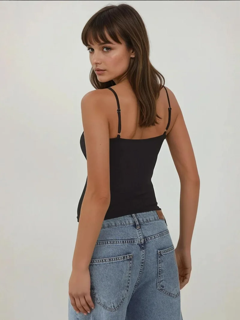 HICCUP Black Thin Knit V-Neck Slim Fit Top with Lace Detail for Women | Best Price UAE