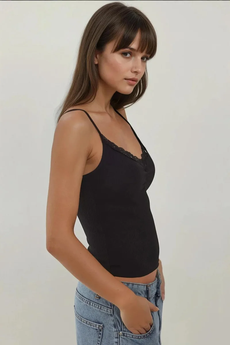 Hiccup Black Thin Knit V-Neck Slim Fit Top with Lace Detail for Women | Best Price UAE