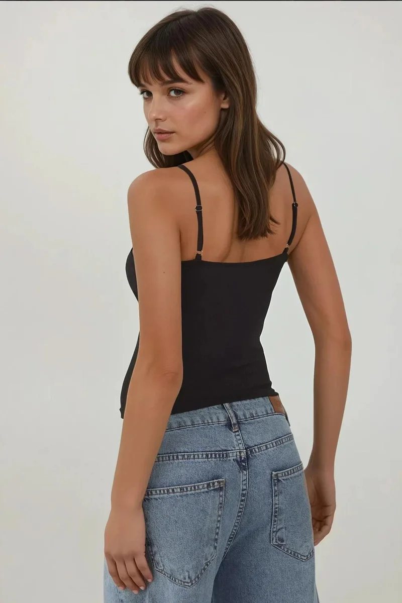 Hiccup Black Thin Knit V-Neck Slim Fit Top with Lace Detail for Women | Best Price UAE