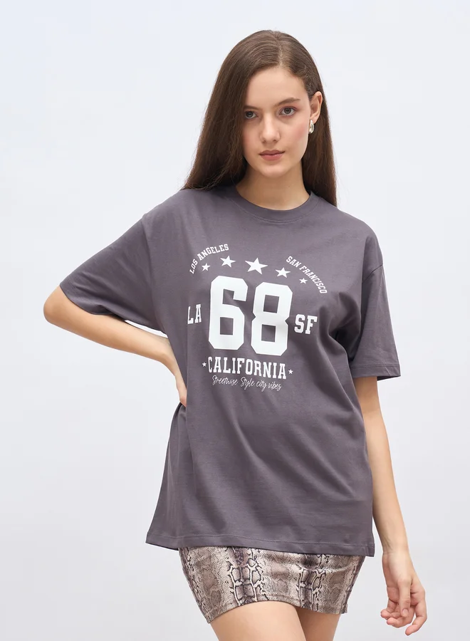 ستايلي Styli Graphic Print Oversized Longline T-Shirt