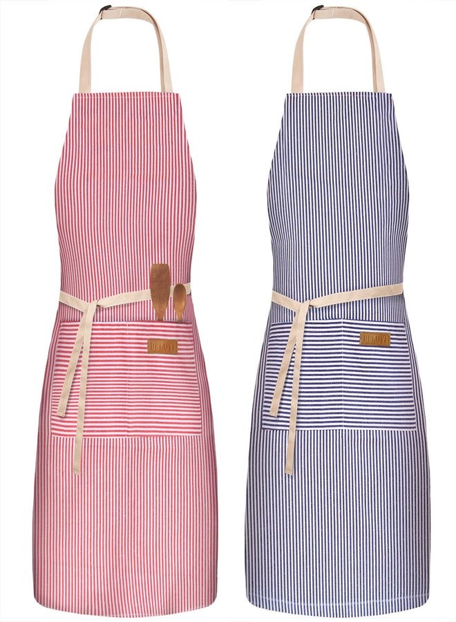 BeLuyi 2 Pack Adjustable Bib Apron with 2 Pockets Chef Cooking Kitchen Restaurant Aprons for Women Men (Blue/Red Pinstripes) - Image 1