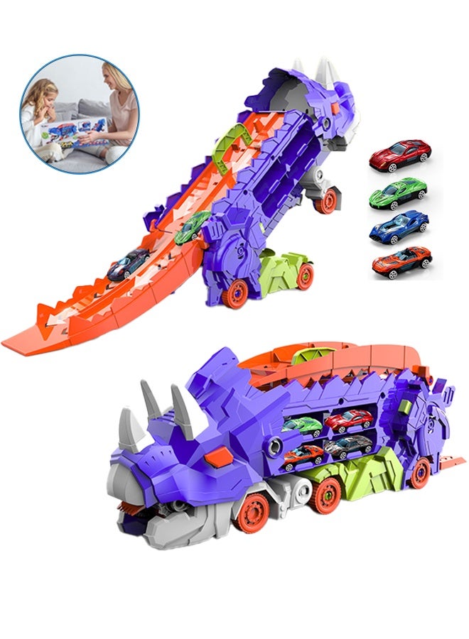 Dinosaur Truck Toy Car，  Transformable into Standing Dinosaur Toy, Kids Educational Toy Car, Dinosaur Educational Toy, Shooting Slide, Toddler Car Toy Set for Boys and Girls, Kids Party Toy (4 Cars)  - Image 1