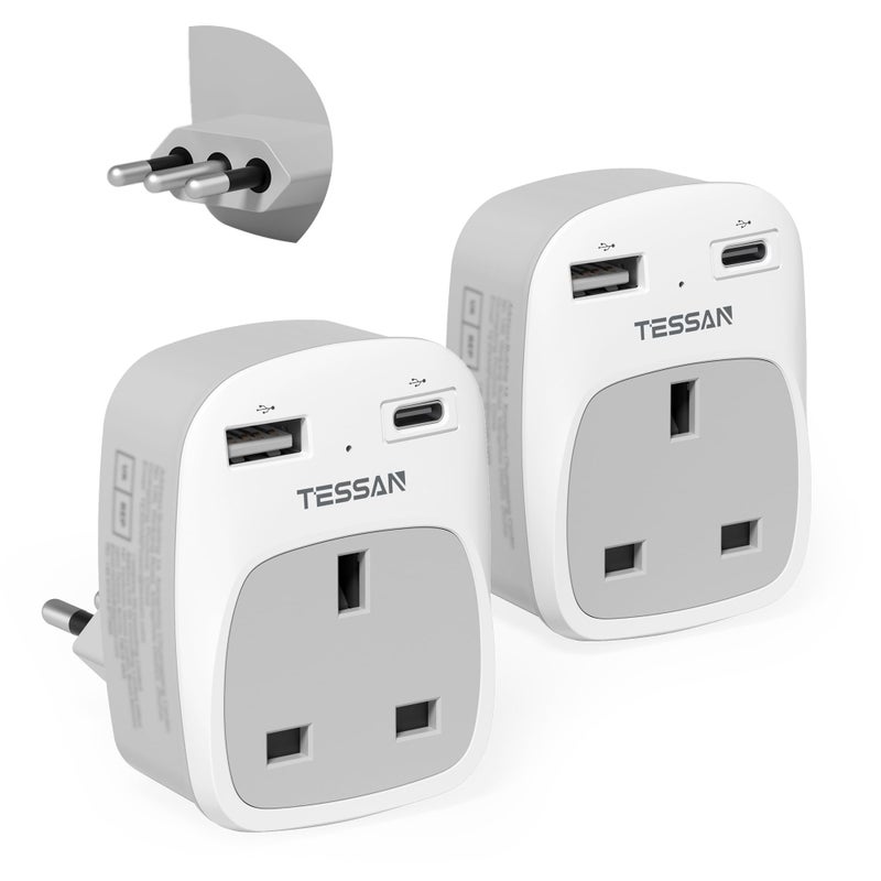 تيسان TESSAN UK to Italy Plug Adapter, Type L Travel Plug Adapter with USB C - Image 1