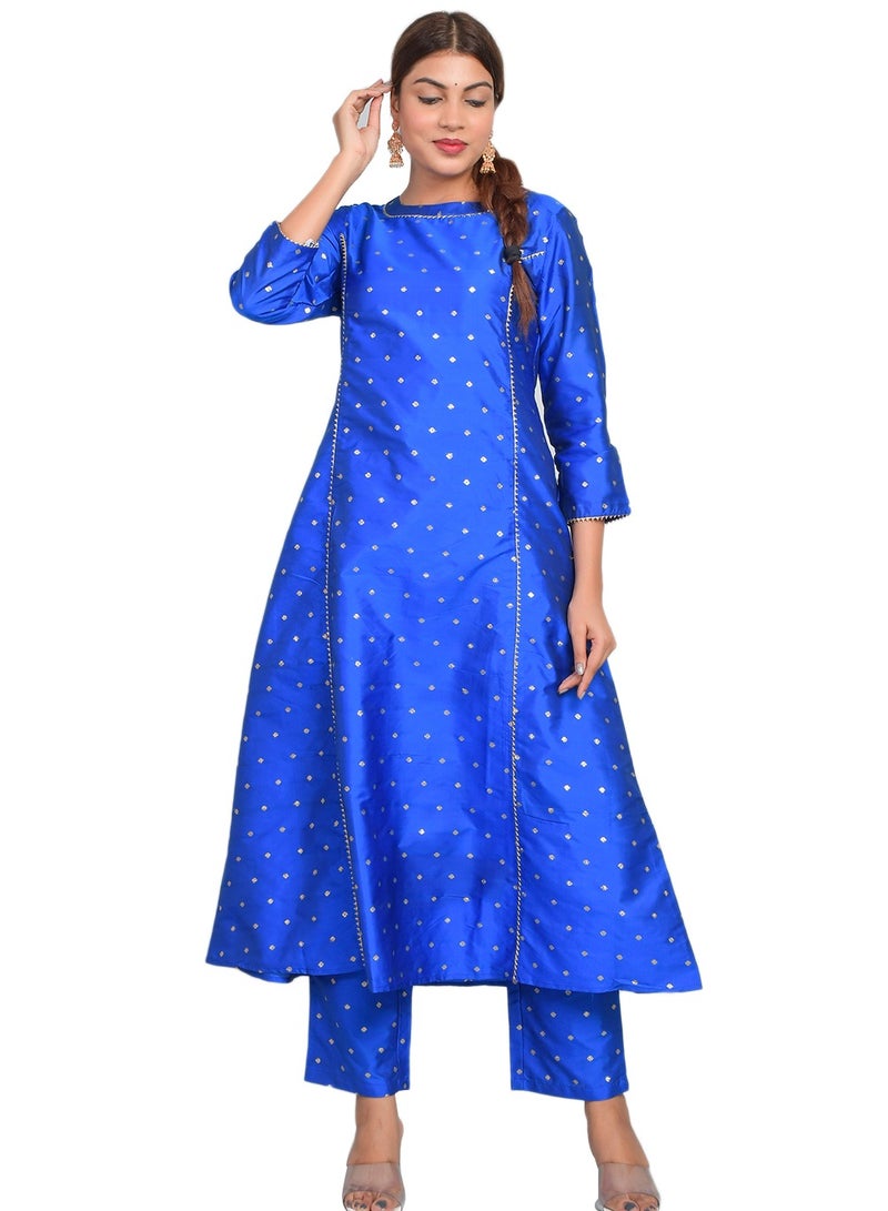 Riara Women Royal Blue Kurta Pant Set Summer Suit Solid Color Flared Kurti with Pant Casual Kurta Set for Girls Art Silk (Taffeta Booty) Size L  - Image 2
