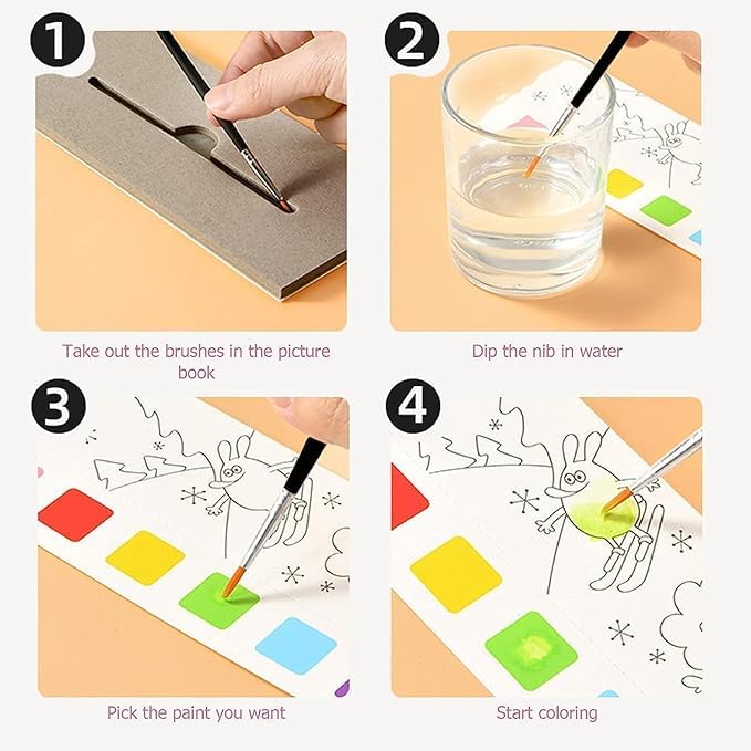 Bitrexup Pocket Watercolor Painting Book for Kids Activity Books | Portable Water Coloring Books Paint Bookmarks 1 Brush 20 Sheet Cartoon Painting kit Children Watercolor Paint Book Gift Kids - Image 3