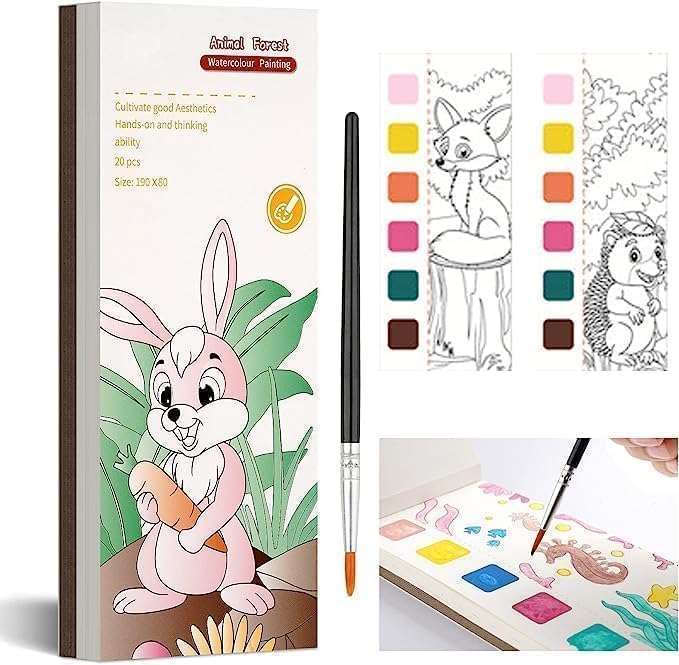 Bitrexup Pocket Watercolor Painting Book for Kids Activity Books | Portable Water Coloring Books Paint Bookmarks 1 Brush 20 Sheet Cartoon Painting kit Children Watercolor Paint Book Gift Kids - Image 1