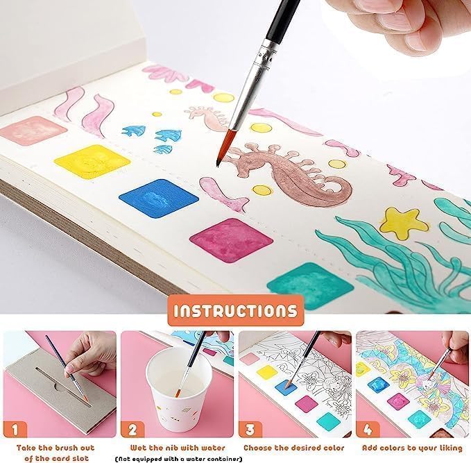 Bitrexup Pocket Watercolor Painting Book for Kids Activity Books | Portable Water Coloring Books Paint Bookmarks 1 Brush 20 Sheet Cartoon Painting kit Children Watercolor Paint Book Gift Kids - Image 2