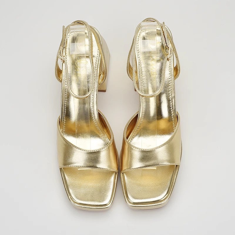 Gold Crackle Chunky Heel Platform Square Toe Peep Toe Sandals - Image 5