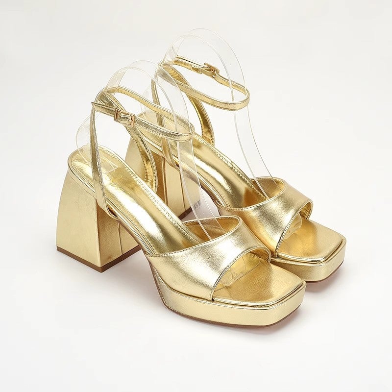 Gold Crackle Chunky Heel Platform Square Toe Peep Toe Sandals - Image 1