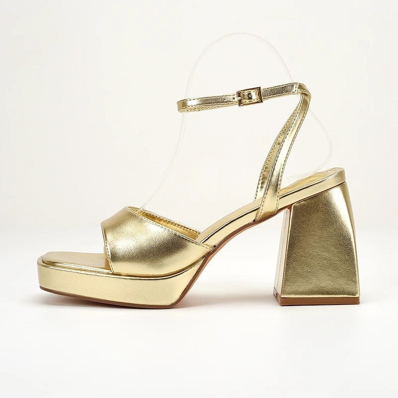 Gold Crackle Chunky Heel Platform Square Toe Peep Toe Sandals - Image 2