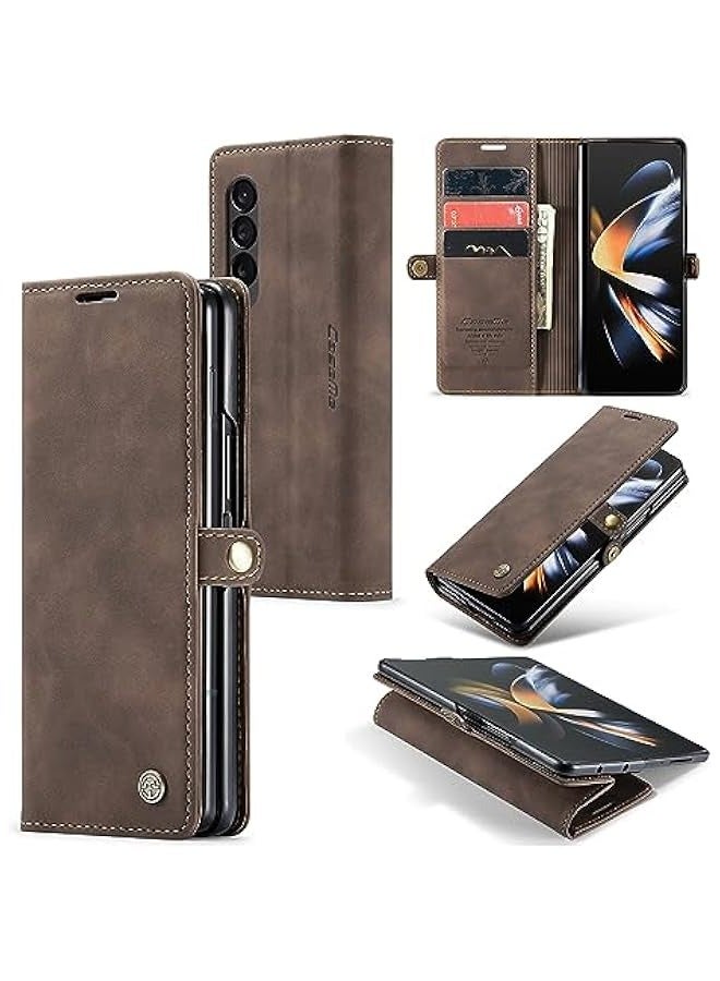 Leather Folio Wallet Case for Samsung Galaxy Z Fold 4 5G - Magnetic Closure, Card Holder, Kickstand - Coffee Brown  - Image 1