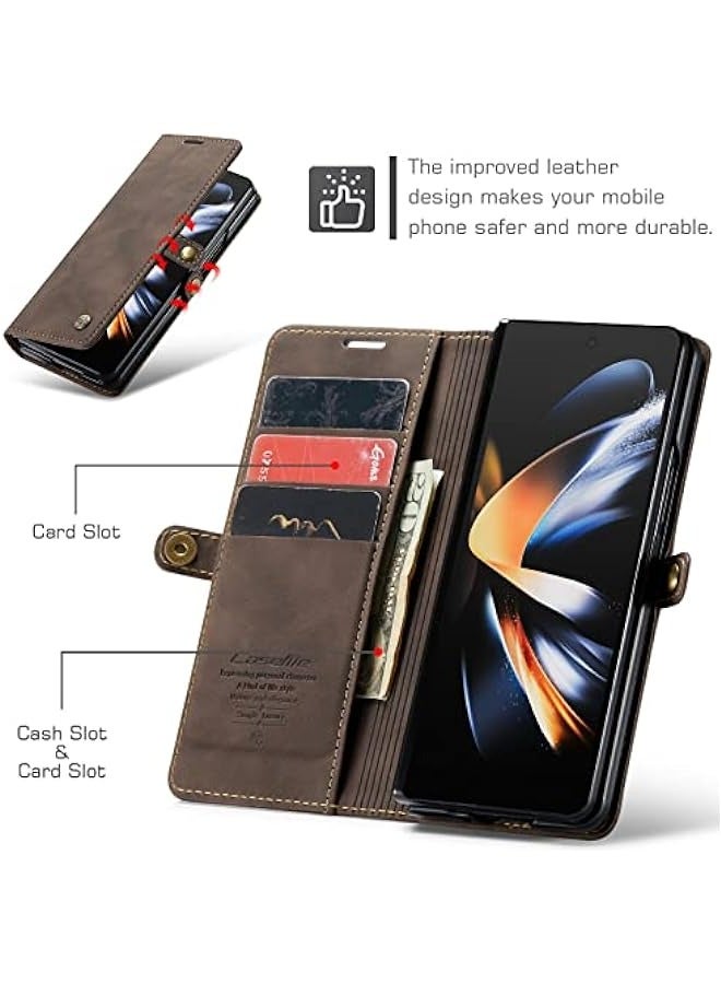 Leather Folio Wallet Case for Samsung Galaxy Z Fold 4 5G - Magnetic Closure, Card Holder, Kickstand - Coffee Brown  - Image 2