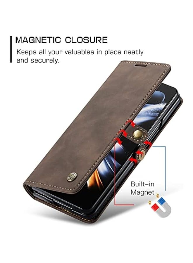 Leather Folio Wallet Case for Samsung Galaxy Z Fold 4 5G - Magnetic Closure, Card Holder, Kickstand - Coffee Brown  - Image 3