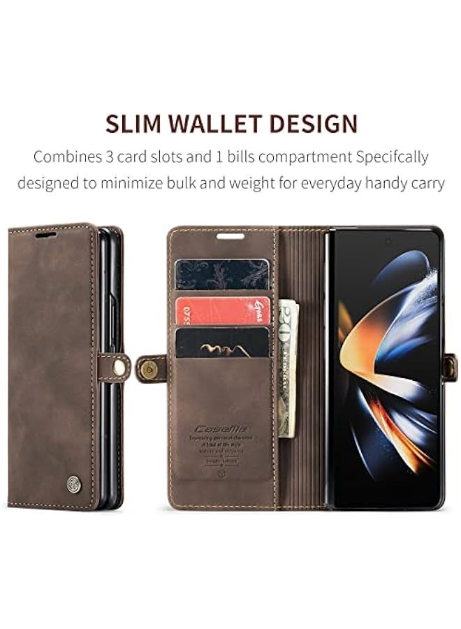 Leather Folio Wallet Case for Samsung Galaxy Z Fold 4 5G - Magnetic Closure, Card Holder, Kickstand - Coffee Brown  - Image 4