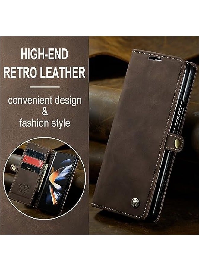 Leather Folio Wallet Case for Samsung Galaxy Z Fold 4 5G - Magnetic Closure, Card Holder, Kickstand - Coffee Brown  - Image 5