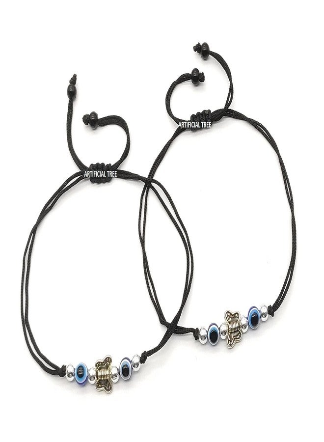 ARTIFICIAL TREE German Silver Evil Eye + Butter Fly Ball Charms Black Thread Adjustable Anklet | Nazar Battu | for Women and Girls (AT ANK 050) - Image 1