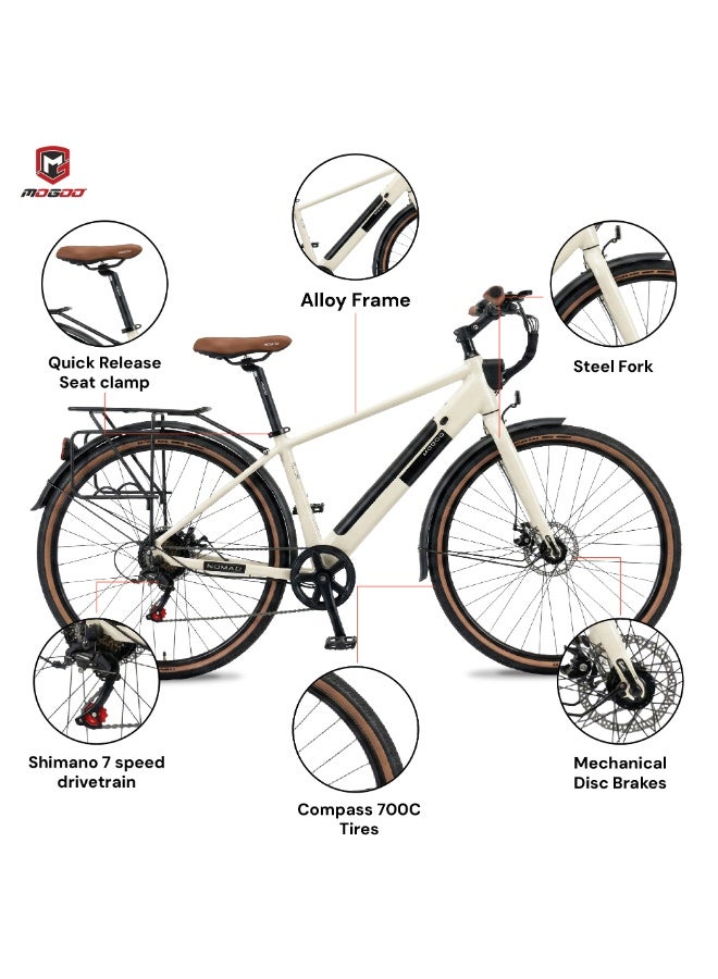 MOGOO دراجة كهربائية هجينة موغو 700C نوماد - محرك 36V 350W، 7 سرعات شيمانو، فرامل قرصية مزدوجة، حامل خلفي، واقيات طين ومصباح أمامي مدمج - دراجة كهربائية للمدينة للبالغين - عاجي - Image 3