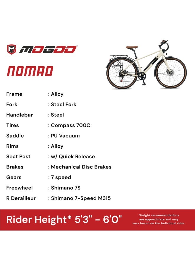 MOGOO دراجة كهربائية هجينة موغو 700C نوماد - محرك 36V 350W، 7 سرعات شيمانو، فرامل قرصية مزدوجة، حامل خلفي، واقيات طين ومصباح أمامي مدمج - دراجة كهربائية للمدينة للبالغين - عاجي - Image 5