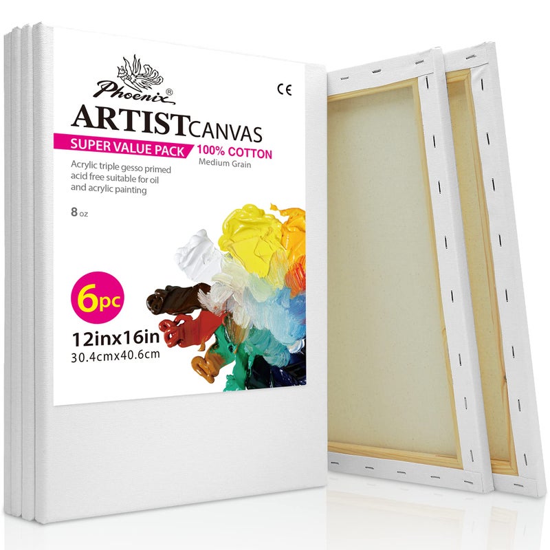 PHOENIX Stretched Canvas for Painting 12x16 Inch/6 Value Pack, 8 Oz Triple Primed 5/8 Inch Profile 100% Cotton White Blank Canvas, Artist Framed Canvas for Oil Acrylic & Pouring Art - Image 1