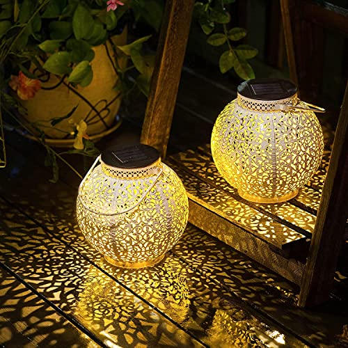 TAKE ME 2 Packs Solar Lanterns Lights Outdoor Waterproof Garden Laterns Metal Retro Lights for Christmas Gifts Mom Wife Grandma Birthday Gifts (White Set of 2) - Image 1