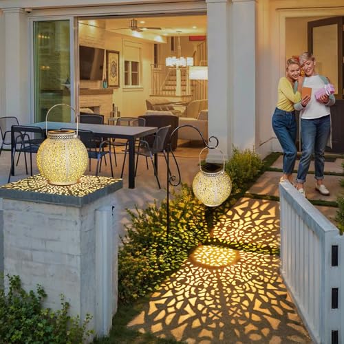 TAKE ME 2 Packs Solar Lanterns Lights Outdoor Waterproof Garden Laterns Metal Retro Lights for Christmas Gifts Mom Wife Grandma Birthday Gifts (White Set of 2) - Image 3
