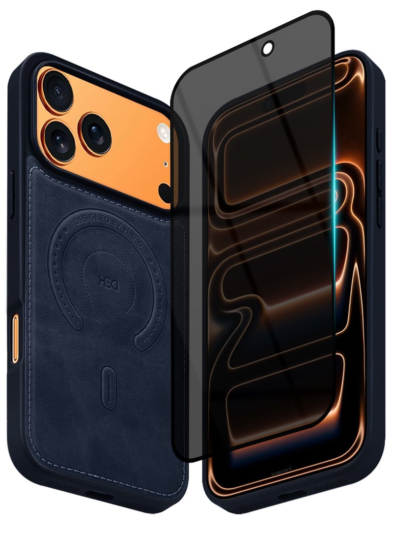 HDD Premium Leather Case and Screen Protector Compatible with iPhone 17 Pro Max, Slim MagSafe Shockproof Protective Cover with Metallic Camera Ring & Tactile Buttons – Blue - Image 2